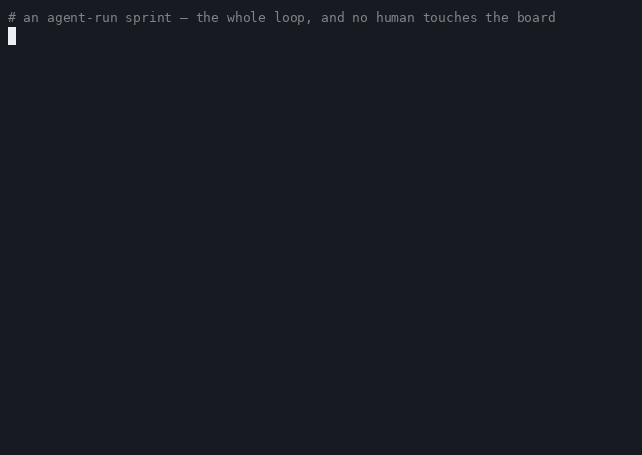 A recording of a real session in which an agent, ZCode running GLM, takes a card over the MCP server, commits to the repository kenzotp/zuuna-cli, and after the merge a rule on our board moves and closes the card.