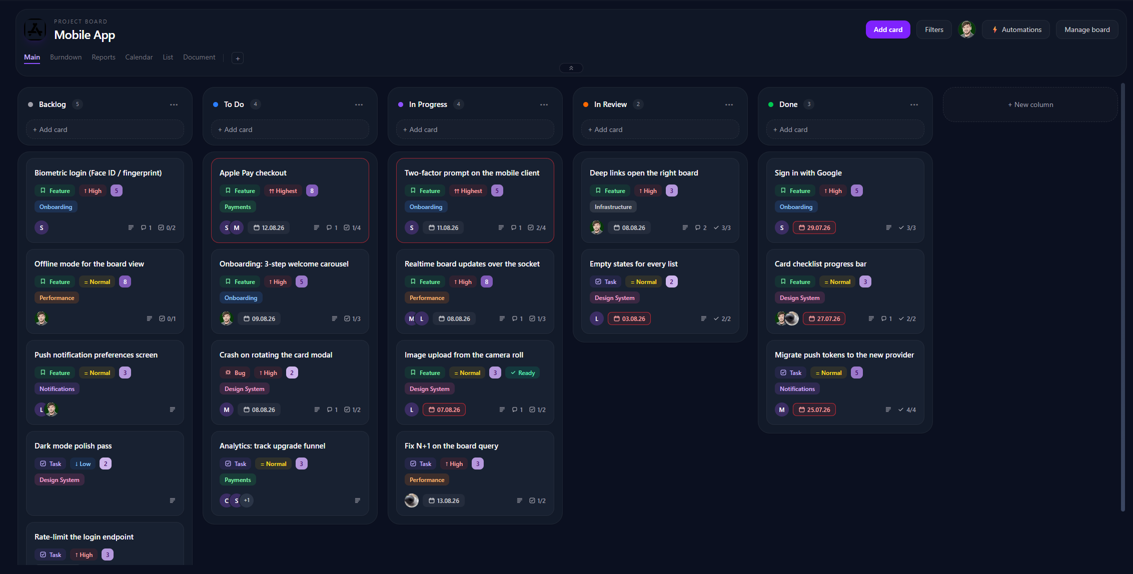 Ein Zuuna-Projektboard: die Spalten Backlog, To Do, In Progress, In Review und Done, mit Karten samt Typ, Priorität, Story Points, Epic, Fälligkeit und Checklisten-Fortschritt.