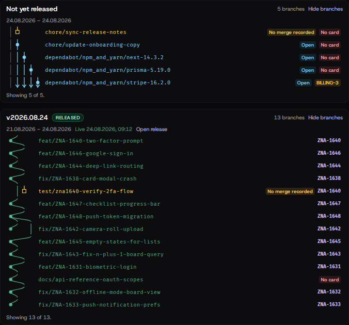 The Code Graph: open branches and a released version with every merged branch, colour-coded by status.